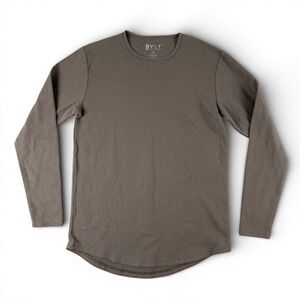 BYLT Premium Basics Shirt Men M Brown Long Sleeve Crewneck Curve Hem Waffle Knit